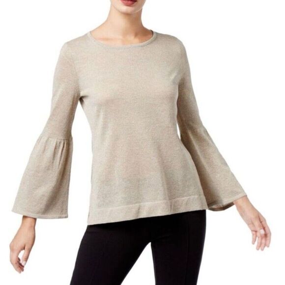 CALVIN KLEIN Light Brown Tan Bell Sleeve Round Neck Lightweight Sweater Size XL - Picture 1 of 8